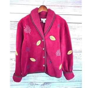 Vintage‎ Talbots Burgundy Fleece Jacket S Petite Leaf Embroidered Shawl Collar